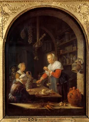 O merceeiro da aldeia (com o retrato do pintor ao fundo) Pintura de Gerard Dou (1613-1675) 1647 Sol. 0,38x0,29 m