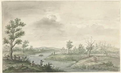 Paisagem com rio sinuoso e pescadores