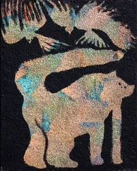 Gato com pássaros, 2014 (areia e acrílico sobre tela)