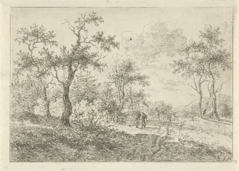 Paisagem arborizada com uma mulher e um menino