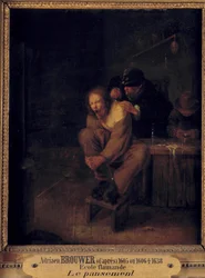 Operação (ou curativo) Um cirurgião que cuida de um paciente. Pintura por Gerrit Lundens (1622-1683) após Adriaen Brouwer (1605/1606-1638). Século XVII. Dim. 0,32x0,28 m.