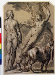 "Adão e Eva" Eva a apanhar o fruto proibido e a segurá-lo a Adão. Desenho da caneta de Gerrit Pietersz (1566-c. 1616) Final da década de 1590. Museu Pushkin, Moscovo