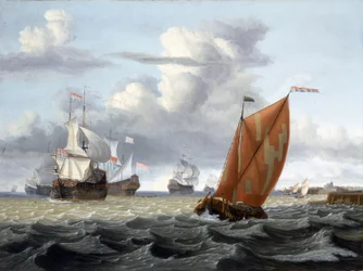 Navegação ao largo de um porto holandês, com a torre de uma igreja e alguns edifícios, provavelmente Enkhuizen (Holanda) no Zuiderzee (ou Zuyderzee ou Mar do Sul) e descrição de uma grande variedade de embarcações: barco de pesca do arenque e embarcações d