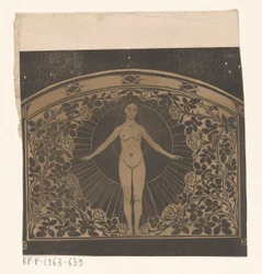 Desenho para a moldura de um calendário para 1901 mostrando uma mulher e flores