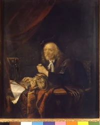 Um homem desconfiado conta o seu dinheiro segurando uma mala na mão. Pintura de Gerard Dou (ou Gerrit Dow) (1613-1675) Século XVII Milão Museo del castello