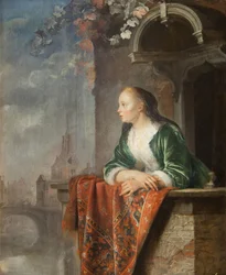 Jeune femme sur un balcon - Jovem mulher numa varanda - Gerard (Gerrit) Dou (1613-1675). Óleo sobre tela, ca. 1665. Galeria Nacional, Praga