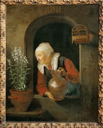 Mulher idosa à janela, a regar as suas flores (pintura)