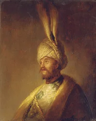 Retrato de um homem, comprimento do busto, em um turbante com uma pena