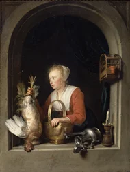 A dona de casa holandesa ou, a mulher que pendura um galo na janela, 1650