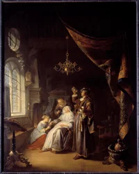 A mulher hidrópica. Um médico examina a urina de uma mulher com hidropisia. Pintura de Gerard Dou (1613-1675). Ec. Hol