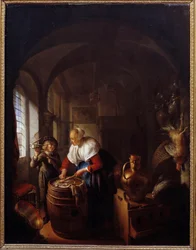 O rato. Uma criança mostra à mãe uma armadilha para o rato. Pintura de Gerard Dou (1613-1675), Hol.