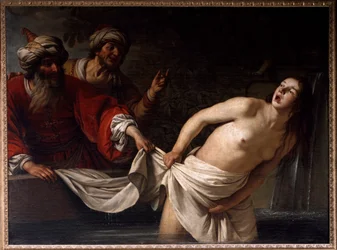 Susana no banho - Pintura de Gherardo delle Notti (Gerrit van Honthorst) (1590-1656), 1655, Sun., 157x213 cm, Roma, Galleria Borghese