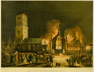 Igrejas de Leste, do Sul e Cruz, Dundee [como apareceram no incêndio na manhã de domingo, 3 de Janeiro de 1841] (depois de George McGillivray), c.1841 (litografia)