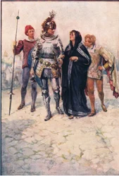 O Príncipe Arthur conduz Belge e os seus filhos ao castelo, Stories from the Faerie Queen publicado por George Harrap and Company