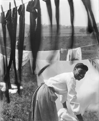 Uma jovem afro-americana pendurando roupa para secar em Newport, Rhode Island, c.1902 (foto a p/b)