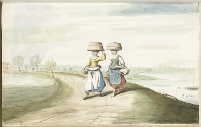 Duas mulheres camponesas a caminhar numa paisagem