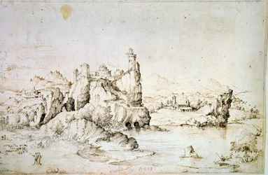 Um castelo em uma rocha em Mountainscape, 1540.