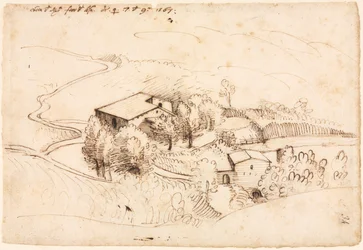 Fazenda com árvores em uma paisagem montanhosa, 1567.