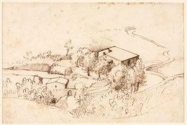 Fazenda com árvores em paisagem montanhosa (verso)