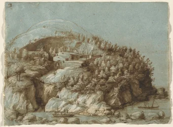 Paisagem montanhosa com navios
