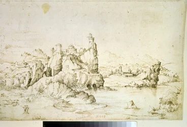 "" Un chateau perche sur une montagne "" (Um castelo em uma rocha na paisagem montanhosa) Desenho em tinta marrom por Gherardo Cibo (1512-1600) 1540 Museu Pushkin, Moscou