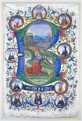 Rei Davi em oração dentro de um "B" inicial muito grande, cercado por dez grandes rodelas, cada uma contendo o retrato de um santo, c.1500