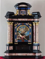 Relógio com representação da audiência de São Jerônimo na trombeta do julgamento final Pintura de Giacinto Brandi (1621-1691) Estrutura e mecanismo realizado por Giuseppe Campani - século 17 Dim 128x100x44 cm Genes musei di strada nuova