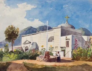 Igreja e fonte, possivelmente o jardim de uma Residência Real, com acréscimos do Príncipe Gaetano Maria Federico de Borbone (1846-1871) (lápis, wc e guache sobre papel)