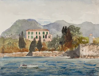 Barcaça de remo com a bandeira Borbone aproximando-se de uma grande casa na costa napolitana, com adições pelo Príncipe Gaetano Maria Federico di Borbone (1846-1871) (lápis, wc e guache)