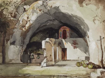 Ruínas da igreja de Santa Maria dell&39;Olearia, Maiori, com adições da Princesa Maria Annuzuata di Borbone (1843-1871) (lápis, wc e guache sobre papel)