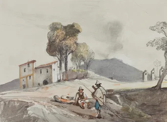 Pastores com o Vesúvio à distância, com adições de uma pupila Borbone (lápis, wc e guache sobre papel)