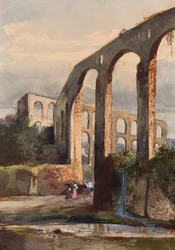 Mulheres sob o aqueduto romano em Maddaloni, com acréscimos de um aluno Borbone, possivelmente a princesa Maria Annunziata di Borbone (1843-1871) (lápis, wc e guache sobre papel)