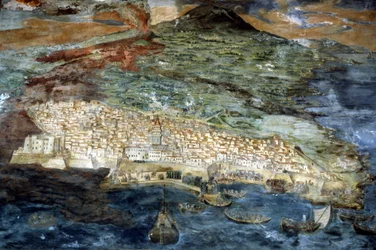 Em 1669, a cidade de Catânia (Sicília) foi devorada pela erupção do Etna. Pintura de Giacinto Platanio. Sacristia do Duomo de Catania.