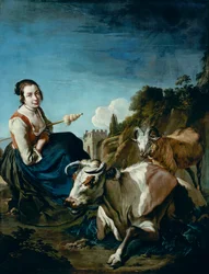 Uma menina com uma vaca e uma ovelha em uma paisagem rochosa, c.1700 (óleo sobre tela)