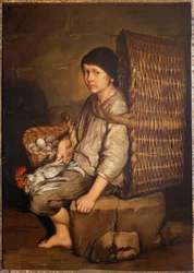 Menino de recados sentado com uma cesta nas costas, ovos e aves, c.1735 (óleo sobre tela)