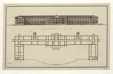 Projeto do Instituto Smolny. A fachada principal e a planta do piso térreo, 1806-1808