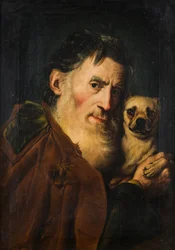 Um homem velho com um cachorro, década de 1740.