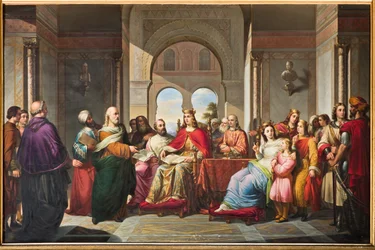 Frederik II recebendo um livro de Aristóteles de Michael Scot