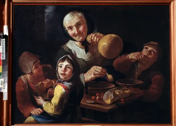 "" A Refeição do Camponês "" (A Refeição do Camponês) Uma velha camponesa e três crianças tomando café da manhã com sopa, cerejas e pão. Pintura de Giacomo Francesco Cipper (1664-1736) Museu de Belas Artes do século XVIII Ivan Kramskoy (ou Kramskoi) em Vor