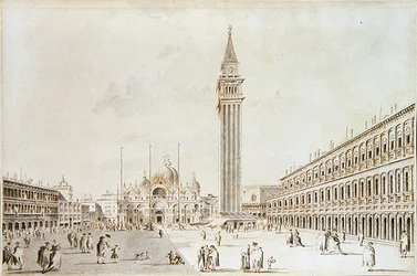 Vista da Piazza San Marco olhando para a Basílica e Campanile (caneta e tinta com lavagem em papel)