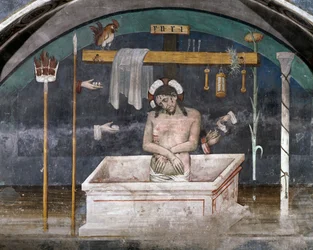 Cristo rodeado de símbolos da Paixão, fresco de Giacomo Jaquerio (1375-1453), abadia de Santo Antônio de Ranverso, Buttigliera Alta, Piemonte, Itália