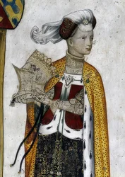 Representação dos margraves de Saluzzo e seu consorte como heróis e heroínas históricos e mitológicos. Detalhe: Riccarda di Sicilia, esposa de Tommaso II, como rainha amazona Lampeto. 1418-30