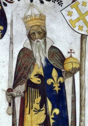 Representação dos margraves de Saluzzo e seu consorte como heróis e heroínas históricos e mitológicos. Detalhe: Manfredo III. como Carlos Magno. 1418-30