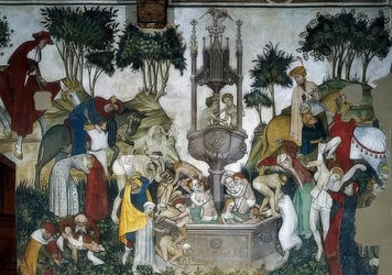 A fonte da juventude. Pormenor: pessoas que chegam e pessoas que se banham na fonte. 1418-30