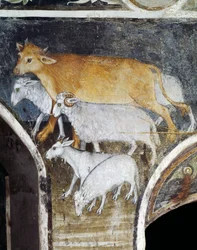 Animais de criação, detalhe do fresco de Giacomo Jaquerio (1375-1453), abadia de Santo Antônio de Ranverso, Buttigliera Alta, Piemonte, Itália