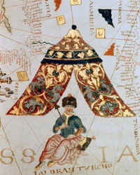Detalhe de um mapa do cartógrafo Giacomo de Maggiolo retratando o Sultão Soliman (Suleyman) Eu disse o magnífico (1520-1566) chamado "O Grande Turco". Miniatura. Museu Naval, Genes