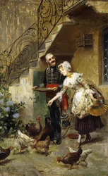 Um elegante casal alimentando galinhas em um pátio,