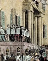 Risorgimento: "membros do movimento Giovine Italia (incluindo Carlo Cattaneo (1801-1869), Tinelli, Danzi, Bussi) sentados em frente ao Palácio da Justiça em Milão, ouvindo a sentença que os condenava ao exílio em 1848" 1884 Litografia de Manteg