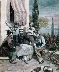 Risorgimento: os exilados em Corfu (Corfu) cujos irmãos Attilio Bandiera (1810-1844) e Emilio Bandiera (1819-1844) estudam um mapa italiano para fazer uma expedição. 1884 Gravura por Mantegazza Private Collection