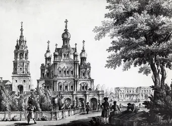Igreja da Assunção e Palácio Gagarin em Moscou, desenho de Giacomo Quarenghi Domenico (1744-1817), gravura, Rússia